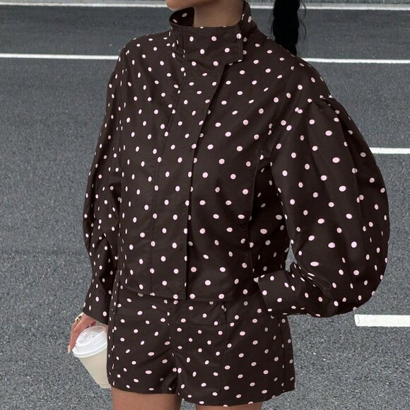 Casual Women's Polka Dot Print Long Sleeve Zip-Up Jacket & shorts set - Picture 5 of 6